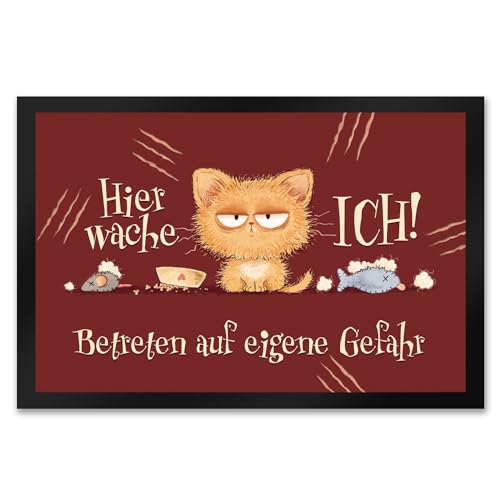 Katze Fußmatte XXL in 50x75 cm mit Spruch Hier wache ich Eigene Gefahr Grumpy Kater Warnschild Cat Garten Deko Ideal für Katzenmenschen von speecheese