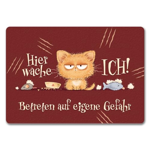 Katze Fußmatte in 35x50 cm ohne Rand mit Spruch Hier wache ich Eigene Gefahr Grumpy Kater Warnschild Cat Garten Deko Ideal für Katzenmenschen von speecheese