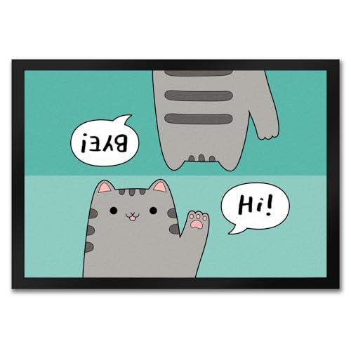 Katze Kawaii Fußmatte in 35x50 cm mit Spruch Hi - Bye Neko süß Willkommen Besuch Hallo Tschüss Comic Doormat - Bezaubernde Katzenmotive für Haustür Flur Eingangsbereich von speecheese