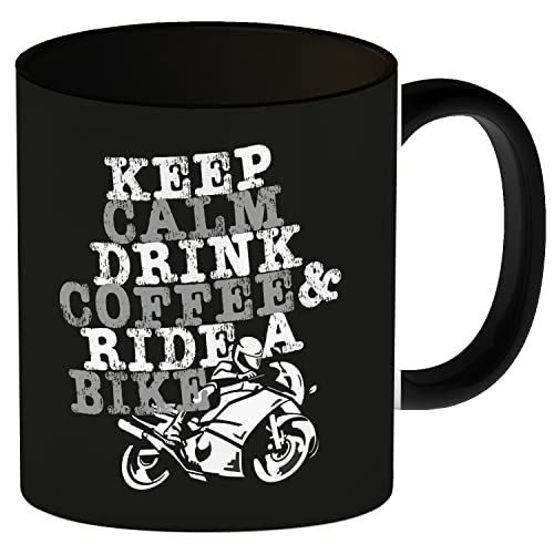 Keep calm & ride a bike Kaffeebecher Schwarz Tasse zum Thema Motorradfahren von speecheese