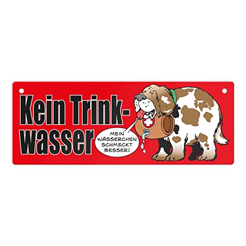 Kein Trinkwasser Metallschild in rot mit Schweizer Alpenhund als Markierung für Brunnen die kein Trinkwasser führen mit niedlichem Hund als Blickfang von speecheese