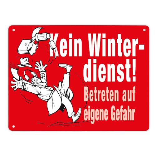Kein Winterdienst Metallschild XL in 21x28 cm in rot mit Spruch Betreten auf eigene Gefahr Winterdienst Comicstil Warnschild Eisglätte Schild von speecheese