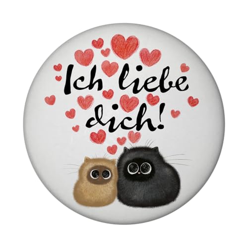 Knuffige Katzen Magnet rund rund mit Spruch Ich Liebe Dich Romantischer Liebesbote für Paare ideal als Valentinsgeschenk am Valentinstag zum Kuscheln von speecheese