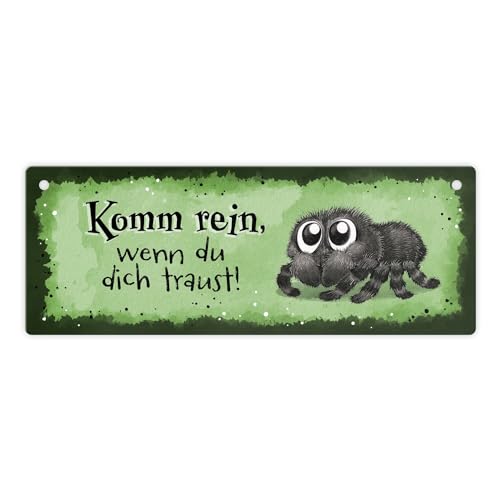 Komm rein wenn du dich traust Metallschild L in 10,5x28cm mit flauschiger Spinne ein niedliches Schild für Spinnenliebhaber Spinne flauschige Halloween Türschild gruseliges von speecheese