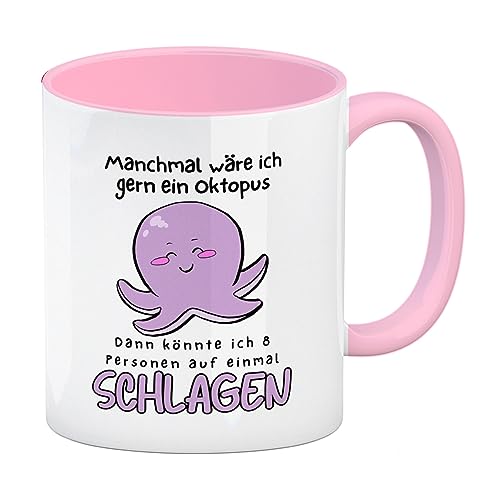 Kraken Kaffeebecher in rosa mit Spruch Manchmal wäre ich gern ein Oktopus Dann könnte ich 8 Personen auf einmal schlagen für Kollegen zum Geburtstag Krake Tasse Tintenfisch von speecheese