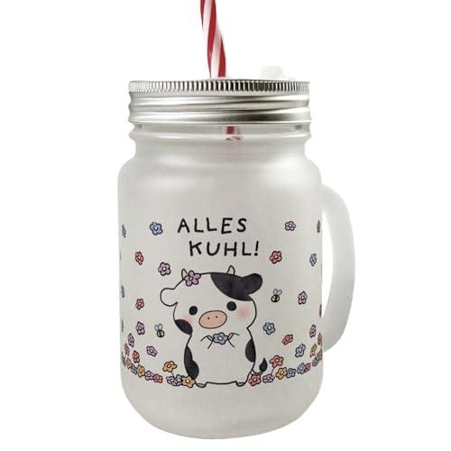 Kuh Mason Jar Henkel Trinkglas mit Deckel mit Spruch Alles Kuhl Kawaii Bauernhof-Motiv Bauernhoftiere Blumen Relax Dorfkind Geschenk Weinkeller Deko von speecheese