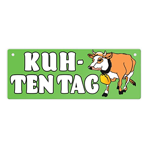 Kuh-ten Tag Metallschild L in 10,5x28cm in grün mit Kuh zum Thema Bauernhof Guten Tag Metall-Schild Bauer Blechschild Milch Aluminium Schild Kuh Metallschild L in 10,5x28cm XL von speecheese