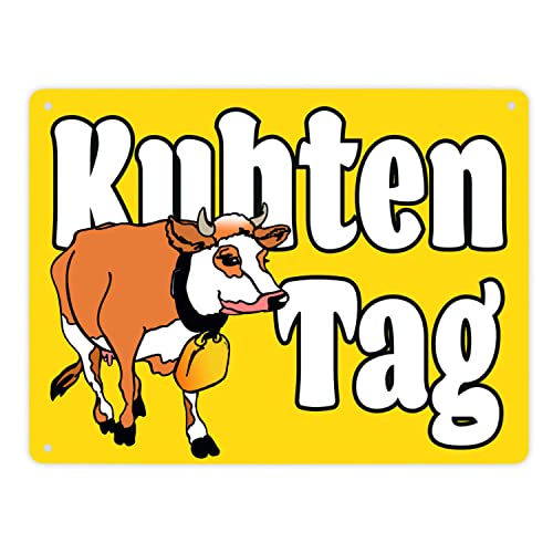 Kuhten Tag Metallschild XL in 21x28 cm in gelb mit Kuh zum Thema Bauernhof Guten Tag Metall-Schild Bauer Blechschild Milch Aluminium Schild Kuh von speecheese