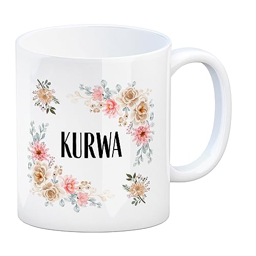 Kurwa Kaffeebecher polnisch für Anfänger Polnisches Schimpfwort Tasse für Arbeitskollegen mit Blume Polen Kaffeetasse bunt Chef lustig von speecheese