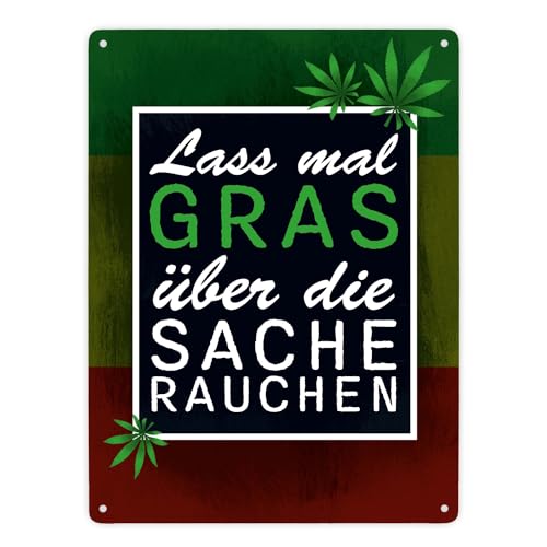 Lass mal Gras über die Sache rauchen Metallschild XXL in 28x38 cm mit Marihuanablatt witziges Blechschild in Reggaefarben mit lustigem Spruch für Kiffer von speecheese
