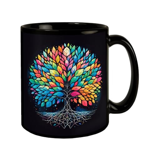Lebensbaum Tasse in Schwarz farbenfroh vielfältig - buntes Design mit Natur-Motiv das Wachstum symbolisiert von speecheese