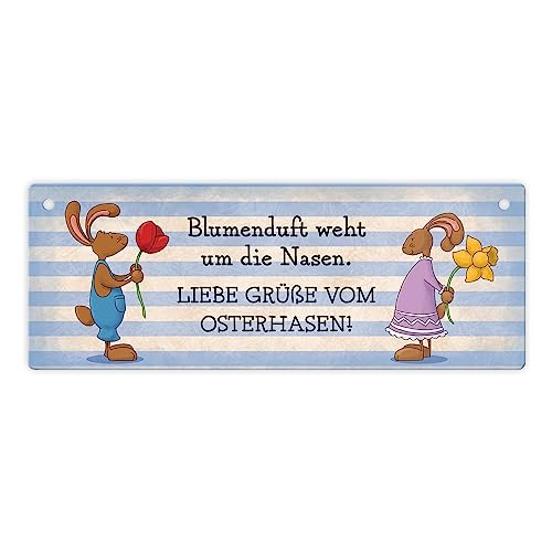 Liebe Grüße vom Osterhasen! Metallschild L in 10,5x28cm mit Spruch als Dekoration passend zur Frühlingszeit und zu Ostern um deine Wohnung zu dekorieren und Frühlingsgefühle zu von speecheese