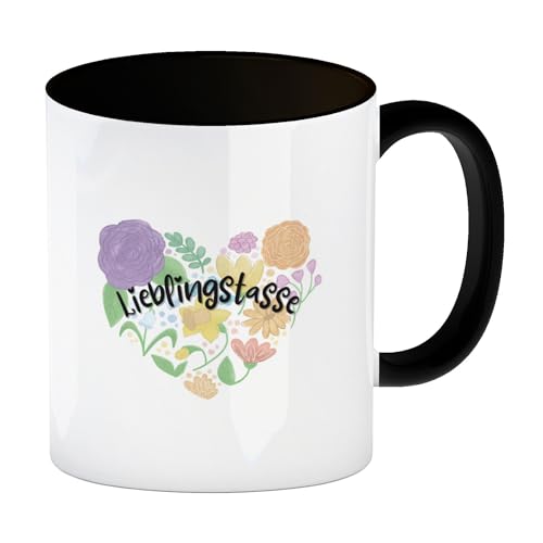 Lieblingstasse Kaffeebecher in schwarz mit Blumen in Herzform eine bunte Tasse für die Freundin Blumenmotiv Gärtner Kaffeetasse Herz Becher Pflanzenmotiv Sonnenblume Natur Motiv von speecheese