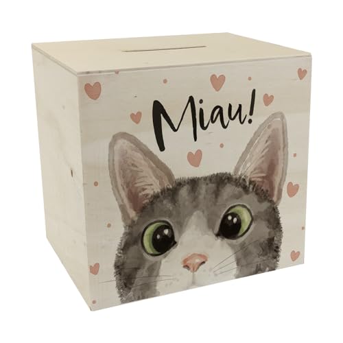 MIAU Katze Spardose aus Holz Geburtstag Spardose aus Holz Zeichnung Sparschwein Illustration Sparbüchse Kulleraugen sparen Katzenmensch Wohnung von speecheese