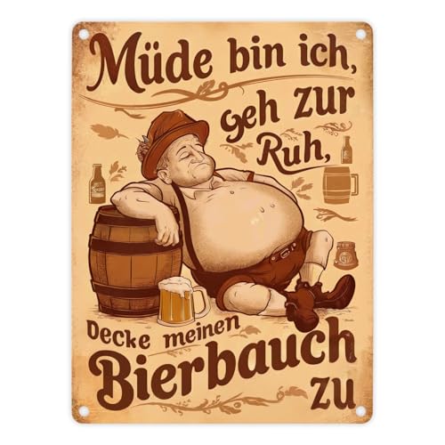 Mann mit Bierbauch Metallschild in 15x20 cm mit Spruch Müde bin ich geh zur Ruh Vintage Bierkrug dicker Mann lehnt an Bierfass ruht sich aus von speecheese