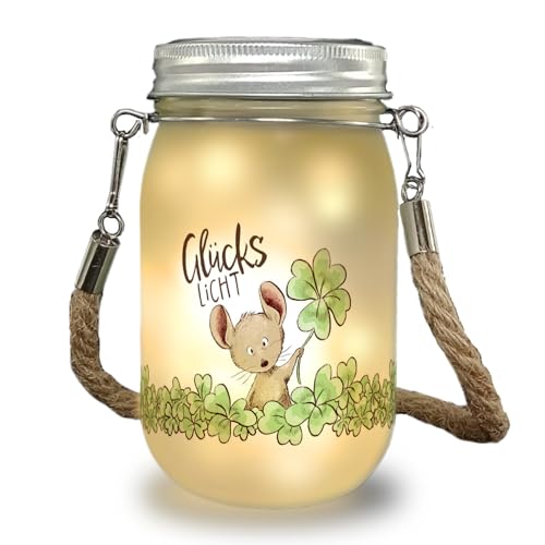 Maus Solarlicht mit Spruch Glückslicht ein niedliches Dekolicht als Glücksbringer Motiv Glückslicht Dekolampe Einmachglas Solar Glück Lampe Klee Zeichnung für Frauen Henkel im von speecheese