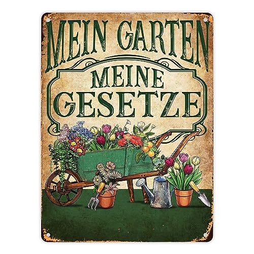 Mein Garten Meine Gesetze Metallschild XL in 21x28 cm mit Blumenwagen ein dekoratives Blechschild für Gartenfreunde Garten Hütte Gartenhaus Gärtner gärtnern von speecheese