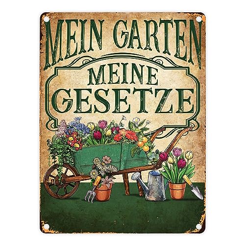 Mein Garten Meine Gesetze Metallschild in 15x20 cm mit Blumenwagen ein dekoratives Blechschild für Gartenfreunde Garten Hütte Gartenhaus Gärtner gärtnern von speecheese