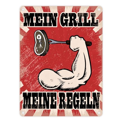 Mein Grill Meine Regeln Metallschild mit starkem Arm Motiv von speecheese