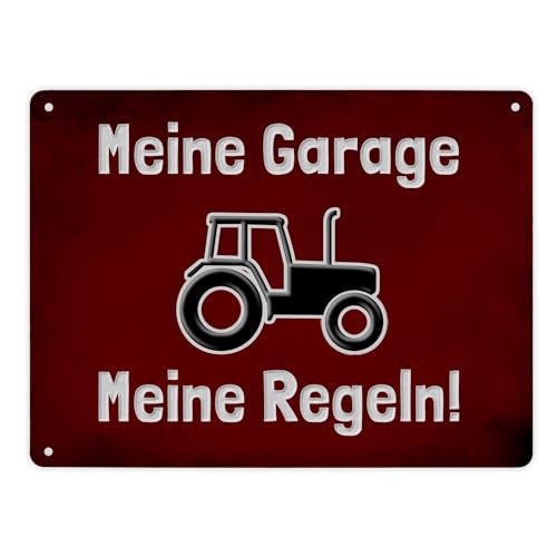 Meine Garage Meine Regeln! Metallschild XL in 21x28 cm mit Traktor und rotem Hintergrund für Trekkerfahrer Warnschild Garagen-Aluminiumschild Warnung Hinweisschild Garagenbesitzer von speecheese
