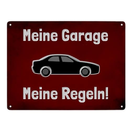 Meine Garage Meine Regeln! Metallschild XXL in 28x38 cm mit Auto und rotem Hintergrund für Autofahrer Warnschild Garagen-Aluminiumschild Warnung Hinweisschild Garagenbesitzer von speecheese