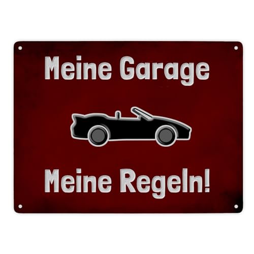 Meine Garage Meine Regeln! Metallschild XXL in 28x38 cm mit Cabrio und rotem Hintergrund für Cabrio-Besitzer Warnschild Garagen-Aluminiumschild Warnung Hinweisschild von speecheese
