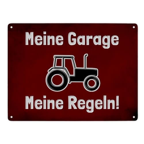 Meine Garage Meine Regeln! Metallschild XXL in 28x38 cm mit Traktor und rotem Hintergrund für Trekkerfahrer Warnschild Garagen-Aluminiumschild Warnung Hinweisschild von speecheese