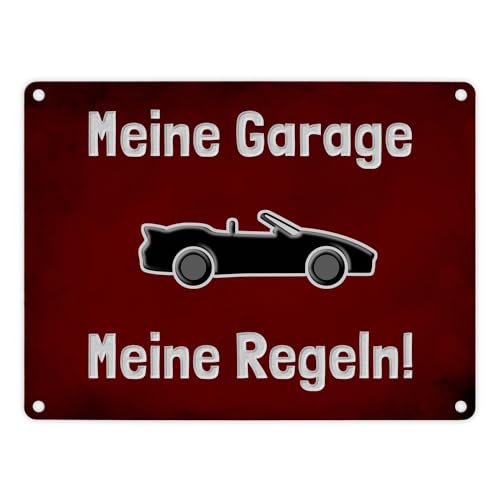 Meine Garage Meine Regeln! Metallschild in 15x20 cm mit Cabrio und rotem Hintergrund für Cabrio-Besitzer Warnschild Garagen-Aluminiumschild Warnung Hinweisschild Garagenbesitzer von speecheese