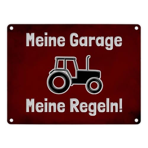 Meine Garage Meine Regeln! Metallschild in 15x20 cm mit Traktor und rotem Hintergrund für Trekkerfahrer Warnschild Garagen-Aluminiumschild Warnung Hinweisschild Garagenbesitzer von speecheese