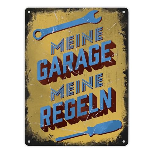 Meine Garage meine Regeln Metallschild XL in 21x28 cm im Used-Look Witziges Blechschild in Retrooptik Geschenk für KFZ-Mechaniker und Väter von speecheese