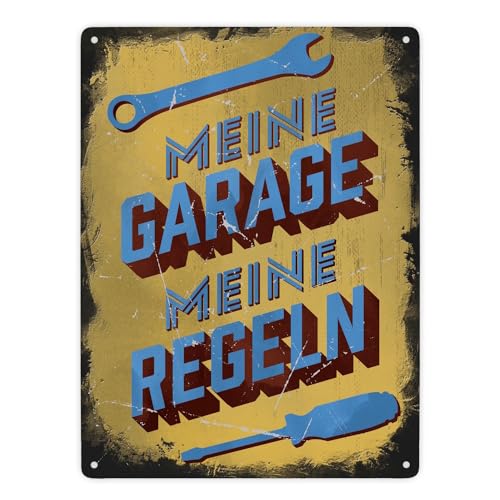 Meine Garage meine Regeln Metallschild XXL in 28x38 cm im Used-Look Witziges Blechschild in Retrooptik Geschenk für KFZ-Mechaniker und Väter von speecheese