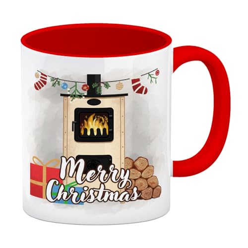 Merry Christmas Holzofen Kaffeebecher Rot für Weihnachten frohe Weihnachten Vorfreude Weihnachtsgefühle schöne Tasse mit gemütlichem Wintermotiv für die Festtage besinnlich von speecheese