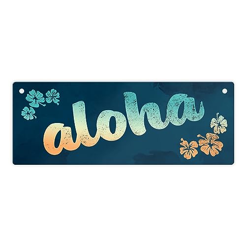 Metallschild L in 10,5x28cm mit Hawaii Design und Schriftzug - Aloha mit kleinen Blumen Sommerliche Dekoration für deine Terrasse oder den Balkon im coolen Hawaii Look für von speecheese