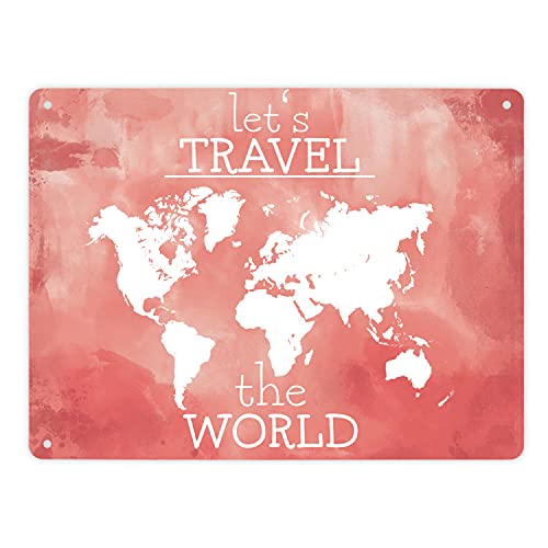 Metallschild XL in 21x28 cm mit Weltkarte und Spruch - let's travel the world in rot ein schönes Geschenk für Urlauber im Campingwagen auch zu verwenden als Dekoobjekt für die von speecheese
