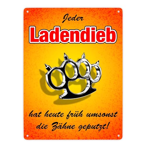 Metallschild XXL in 28x38 cm Abschreckung für Ladendiebe mit Schlagring Symbol Warnschild für Läden mit Drohung witzige Warnung Diebstahl Dieb Schlagring warnen Ladenbesitzer Kiosk von speecheese