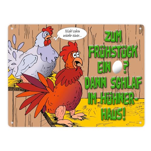 Metallschild XXL in 28x38 cm Frühstücksei mit Hühnern und Spruch Hünerhaus Henne schlafen Eier legen Hühnerstall frische Eier Henne brüten Frühstück Sonntag Geschenk für Bauern von speecheese