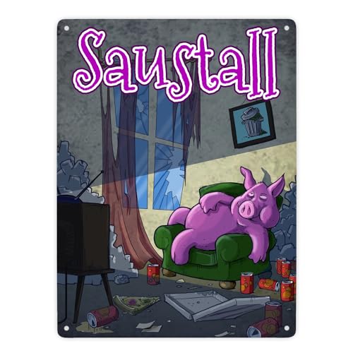 Metallschild XXL in 28x38 cm mit Motiv - Saustall und Motiv: dickes Schwein liegt auf Couch Lustiges Schild für alle unordentlichen Menschen für unaufgeräumte Kinderzimmer oder von speecheese