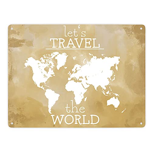 Metallschild XXL in 28x38 cm mit Weltkarte und Spruch - let's travel the world in gelb ein schönes Geschenk für Urlauber im Campingwagen auch zu verwenden als Dekoobjekt für die von speecheese