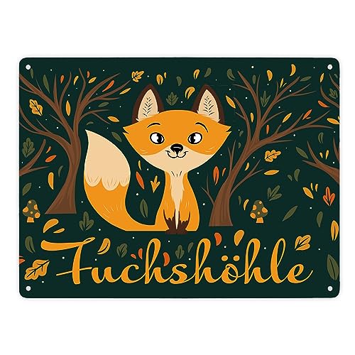 Metallschild XXL in 28x38 cm mit niedlichem Fuchs im Wald und Herbst Motiven - Fuchshöhle als Geschenk im Comic Design für Kinder oder Erwachsene die ihr Zimmer lieben wie eine von speecheese