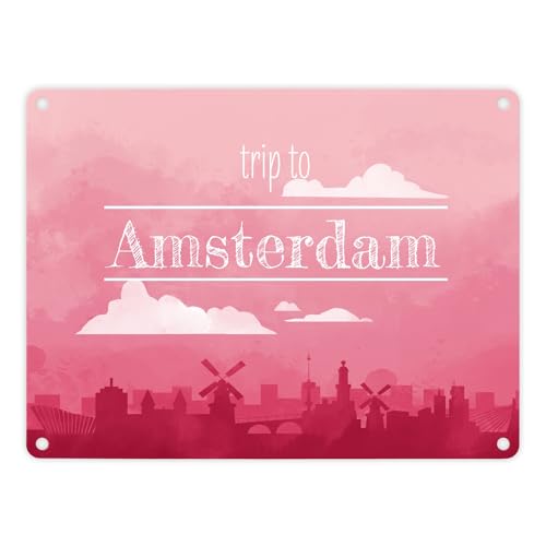 Metallschild in 15x20 cm für Fans von Städtetrips mit der Silhouette von Amsterdam in rot ein dekoratives Schild als Geschenk für Reisende die Amsterdam mögen und sich auf die von speecheese