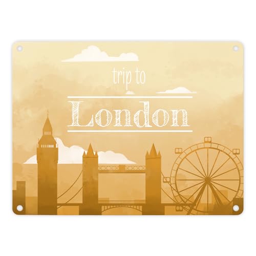 Metallschild in 15x20 cm für Fans von Städtetrips mit der Silhouette von London in gelb ein dekoratives Schild als Geschenk für Reisende die London mögen und sich auf die Reise von speecheese