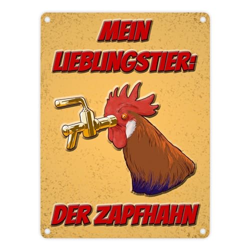 Metallschild in 15x20 cm mit Bier-Spruch - Mein Lieblingstier: der Zapfhahn für Kneipe und Bar lustiges Schild für Bierliebhaber aus Aluminium im Comic Style mit Zapf-Hahn Motiv von speecheese