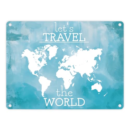 Metallschild in 15x20 cm mit Weltkarte und Spruch - let's travel the world in blau ein schönes Geschenk für Urlauber im Campingwagen auch zu verwenden als Dekoobjekt für die Küche von speecheese