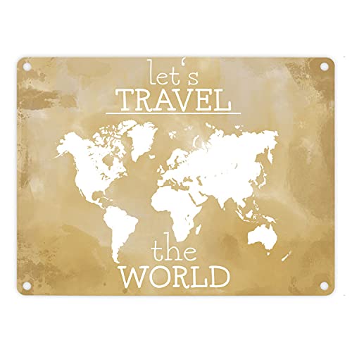 Metallschild in 15x20 cm mit Weltkarte und Spruch - let's travel the world in gelb ein schönes Geschenk für Urlauber im Campingwagen auch zu verwenden als Dekoobjekt für die Küche von speecheese