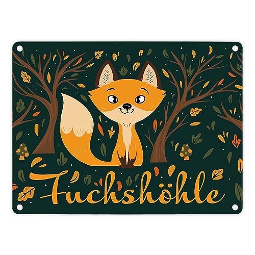 Metallschild in 15x20 cm mit niedlichem Fuchs im Wald und Herbst Motiven - Fuchshöhle als Geschenk im Comic Design für Kinder oder Erwachsene die ihr Zimmer lieben wie eine von speecheese