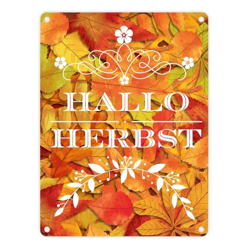 Metallschild in 15x20 cm mit schönen Herbstblättern und Schriftzug - Hallo Herbst schönes Blechschild mit Herbstmotiv und gefallenen Blättern im Hintergrund Dekoration für Oktober von speecheese