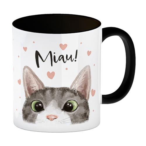 Miau Katze Kaffeebecher in schwarz eine schöne Tasse für die Arbeit Kaffeebecher in schwarz niedlicher Katzenbecher Kaffeetasse mit Katzenmotiv Illustration von speecheese