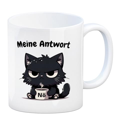 Miesepeter Katze Kaffeebecher mit Spruch: Meine Antwort Nö! Tasse mit süßer struppige Tierillustration einer pelzigen Grummelkatze mit Kaffeetasse in den Händen von speecheese