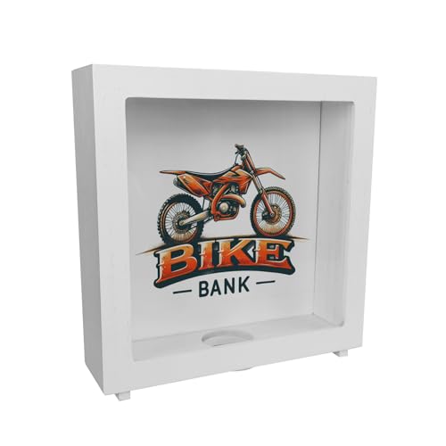 Motocross-Motorrad Rahmen Spardose aus Holz mit Spruch Bike Bank Perfekte Offroad-Rahmen Spardose aus Holz im Motocross-Motorrad-Design in orange-schwarz mit coolen Schriftzug von speecheese