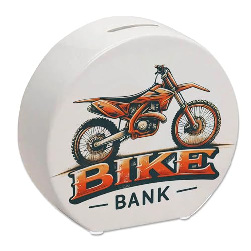 Motocross-Motorrad Spardose mit Spruch Bike Bank Perfekte Offroad-Spardose im Motocross-Motorrad-Design in orange-schwarz mit coolen Schriftzug darunter von speecheese